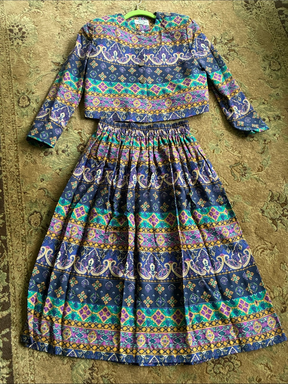 Vintage J.Jill Skirt and Jacket Set Boho Printed Midi Skirt in Navy and Teal 10
